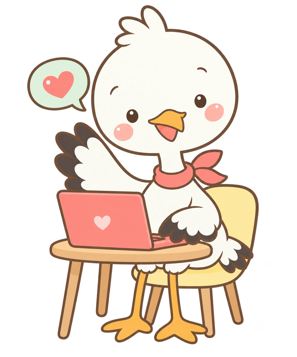 パソコンで想いを届けるコウノトリのキャラクター